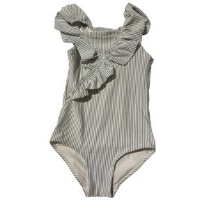 HM Girls Blue White Seersucker Striped Ruffle One Piece Swimsuit Size 5T